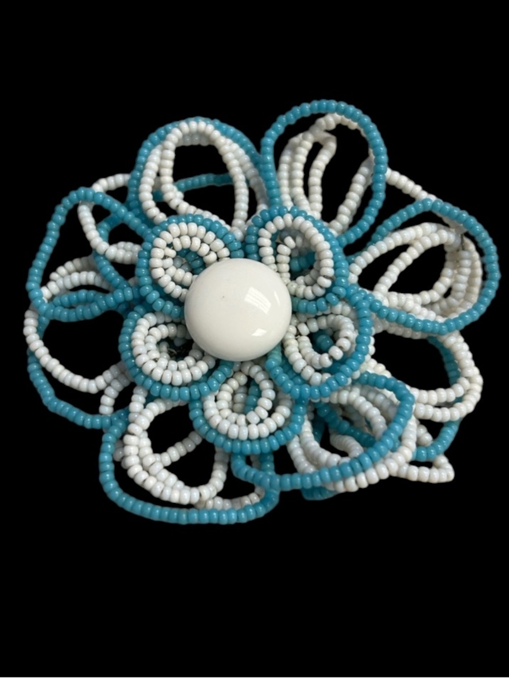 Vintage Turquoise & White Baby Bead Flower Brooch